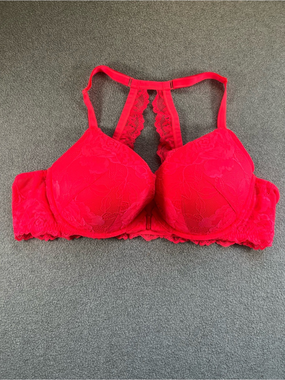 Torrid 44C Hot Pink Salmon Lace Racerback T-Shirt Bra Front Close Underwire